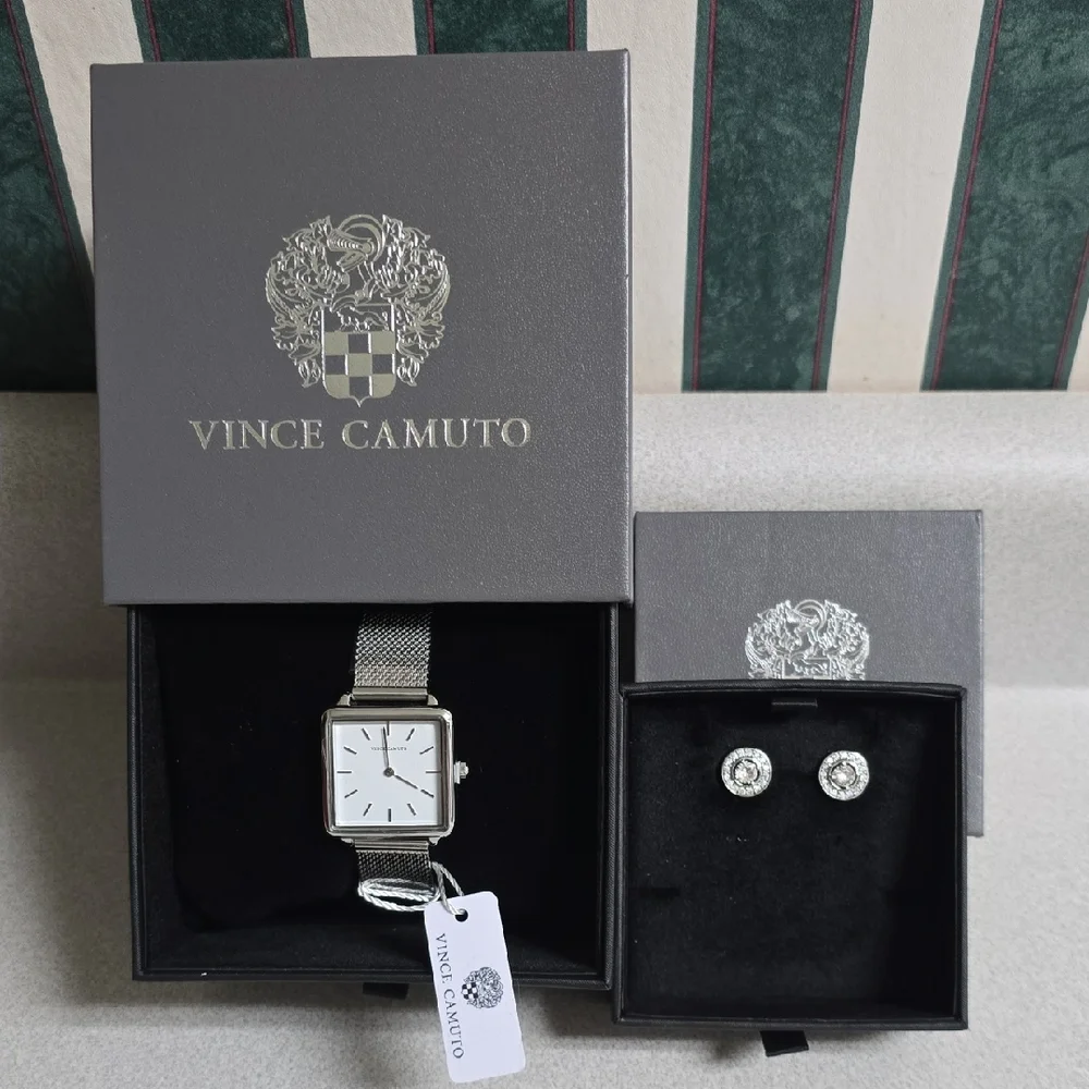 Vince Camuto Silver Square Watch, bracelet, and Earring Set. - Picture 1 of 7